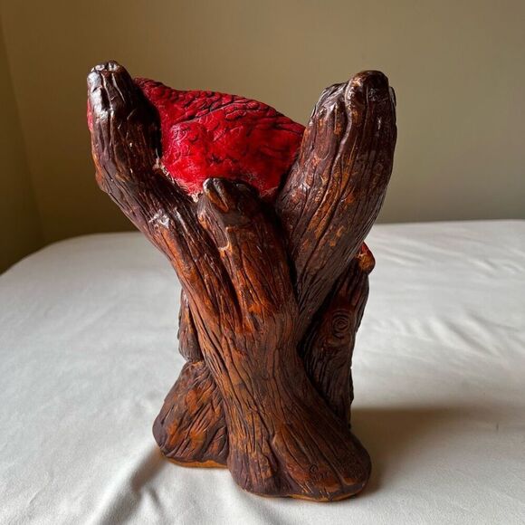 Vintage 70s Chalkware Statue Red Cardinal Perched in Tree Branch Hand Painted - Picture 7 of 12